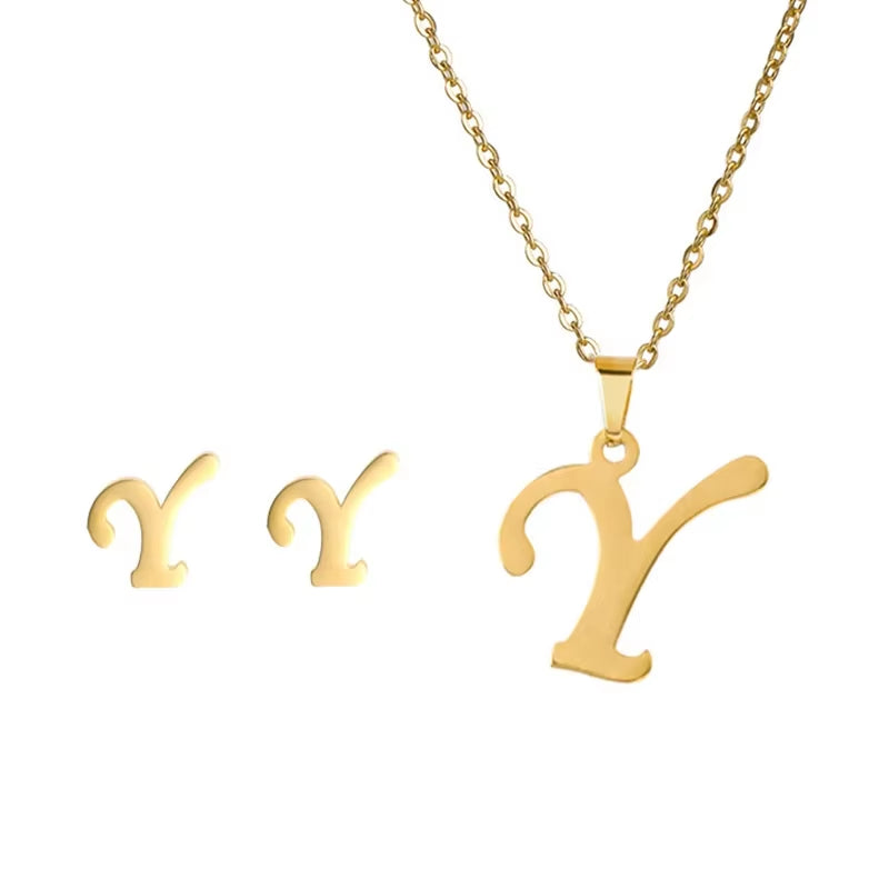 Fashion Stainless Steel A-Z Alphabet Initial Necklace 26 English Letter Earrings Necklace for Women Set Personalize Jewelry Gift
