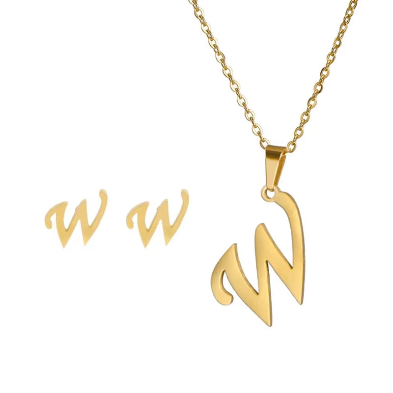 Fashion Stainless Steel A-Z Alphabet Initial Necklace 26 English Letter Earrings Necklace for Women Set Personalize Jewelry Gift