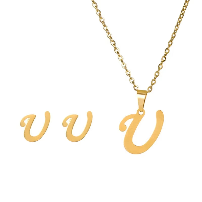 Fashion Stainless Steel A-Z Alphabet Initial Necklace 26 English Letter Earrings Necklace for Women Set Personalize Jewelry Gift