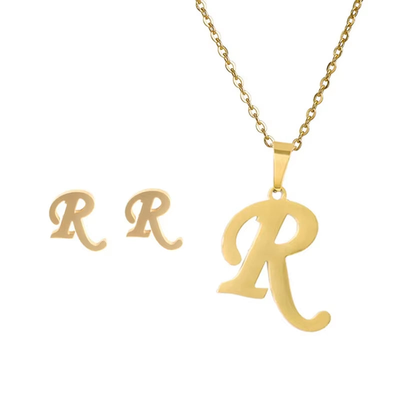 Fashion Stainless Steel A-Z Alphabet Initial Necklace 26 English Letter Earrings Necklace for Women Set Personalize Jewelry Gift
