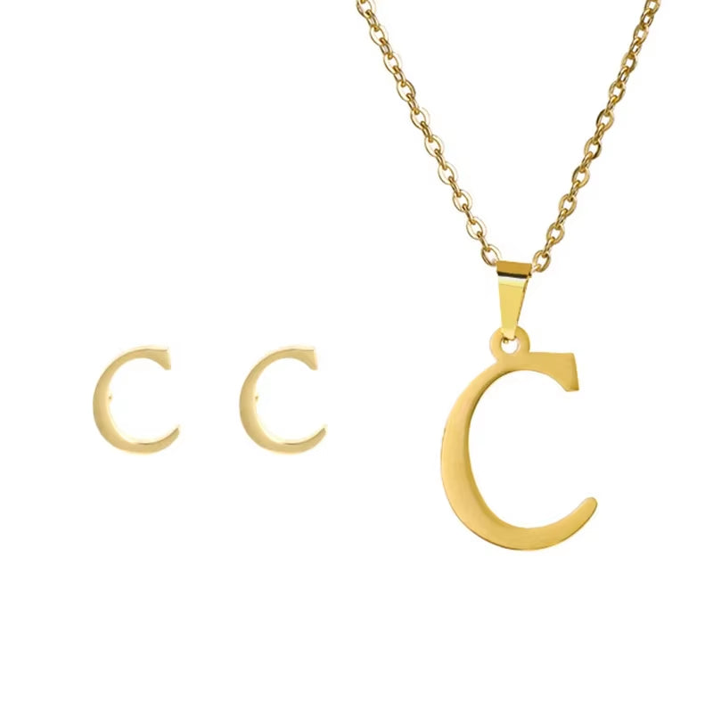 Fashion Stainless Steel A-Z Alphabet Initial Necklace 26 English Letter Earrings Necklace for Women Set Personalize Jewelry Gift
