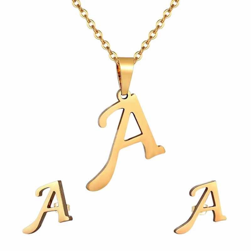 Fashion Stainless Steel A-Z Alphabet Initial Necklace 26 English Letter Earrings Necklace for Women Set Personalize Jewelry Gift