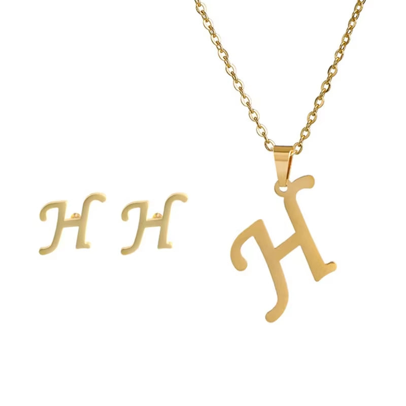 Fashion Stainless Steel A-Z Alphabet Initial Necklace 26 English Letter Earrings Necklace for Women Set Personalize Jewelry Gift