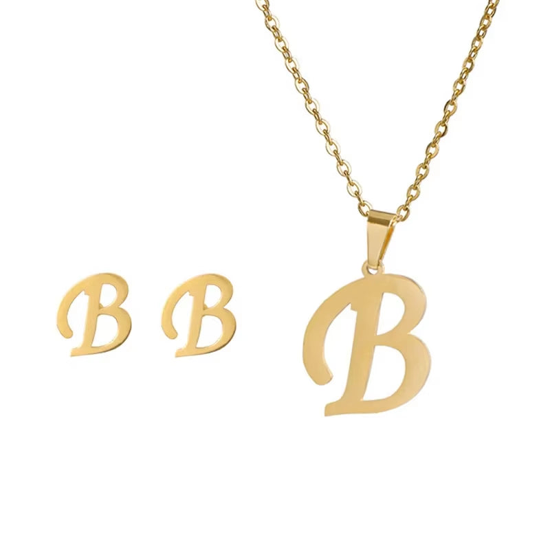 Fashion Stainless Steel A-Z Alphabet Initial Necklace 26 English Letter Earrings Necklace for Women Set Personalize Jewelry Gift
