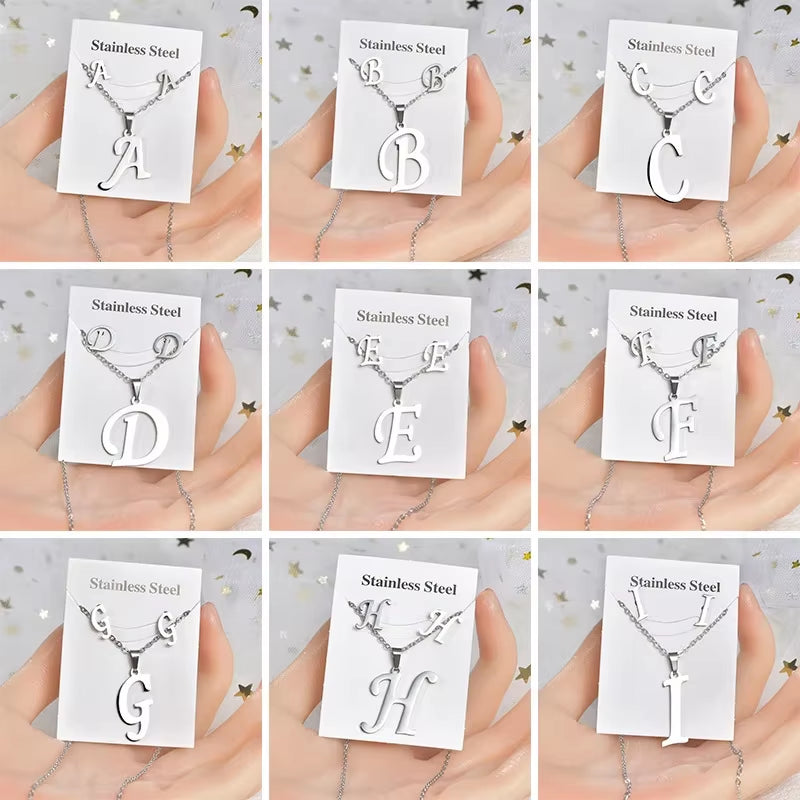 Fashion Stainless Steel A-Z Alphabet Initial Necklace 26 English Letter Earrings Necklace for Women Set Personalize Jewelry Gift