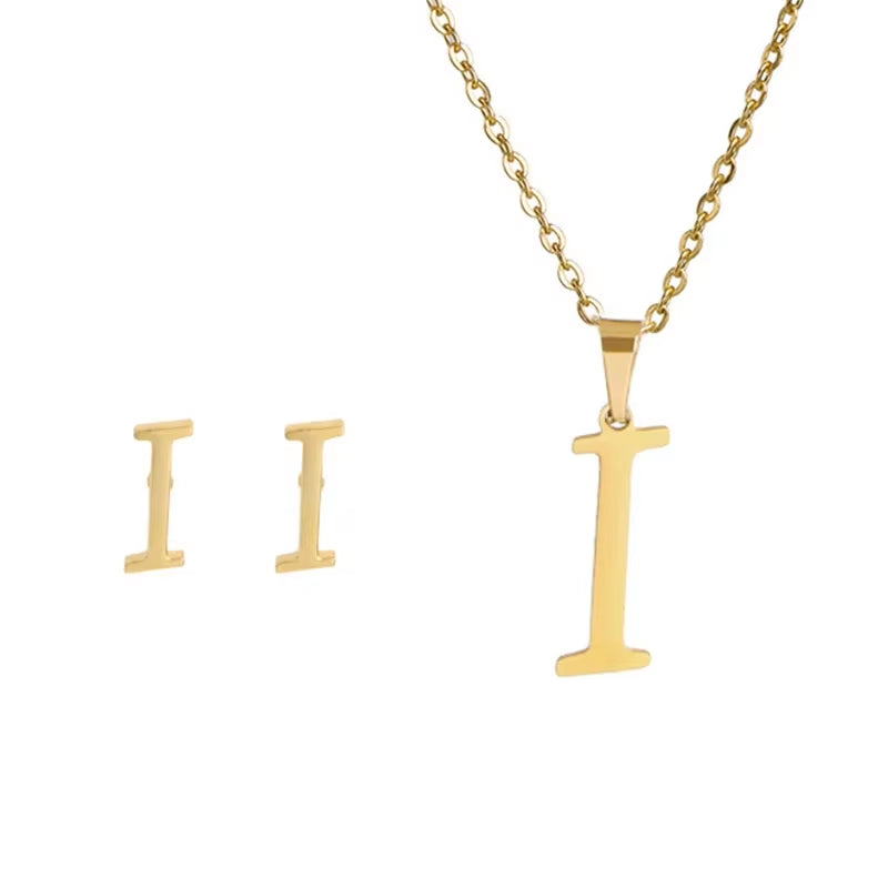 Fashion Stainless Steel A-Z Alphabet Initial Necklace 26 English Letter Earrings Necklace for Women Set Personalize Jewelry Gift