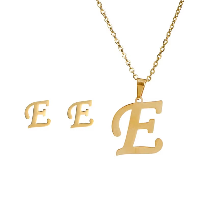 Fashion Stainless Steel A-Z Alphabet Initial Necklace 26 English Letter Earrings Necklace for Women Set Personalize Jewelry Gift