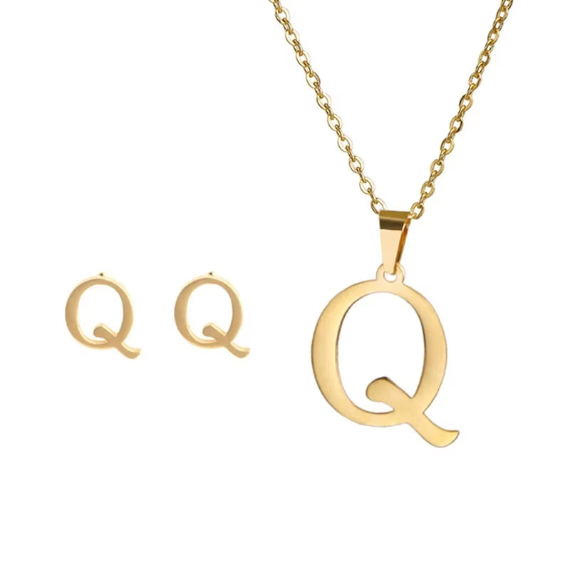 Fashion Stainless Steel A-Z Alphabet Initial Necklace 26 English Letter Earrings Necklace for Women Set Personalize Jewelry Gift