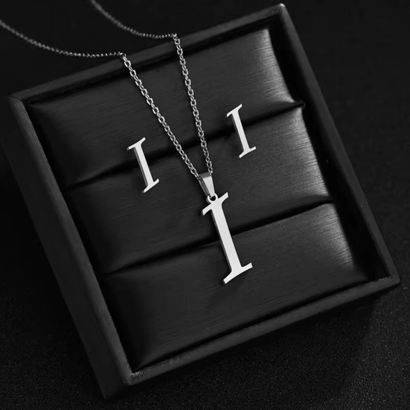 Fashion Stainless Steel A-Z Alphabet Initial Necklace 26 English Letter Earrings Necklace for Women Set Personalize Jewelry Gift