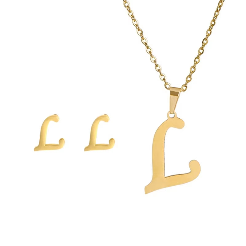 Fashion Stainless Steel A-Z Alphabet Initial Necklace 26 English Letter Earrings Necklace for Women Set Personalize Jewelry Gift