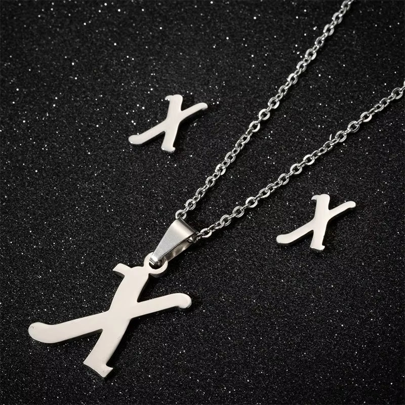 Fashion Stainless Steel A-Z Alphabet Initial Necklace 26 English Letter Earrings Necklace for Women Set Personalize Jewelry Gift