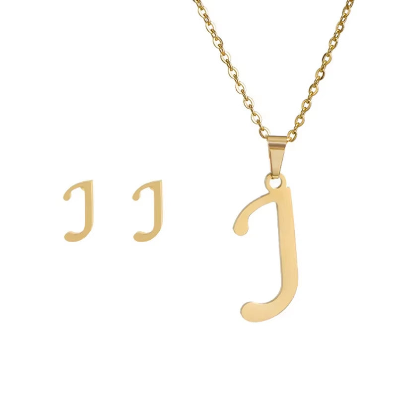 Fashion Stainless Steel A-Z Alphabet Initial Necklace 26 English Letter Earrings Necklace for Women Set Personalize Jewelry Gift