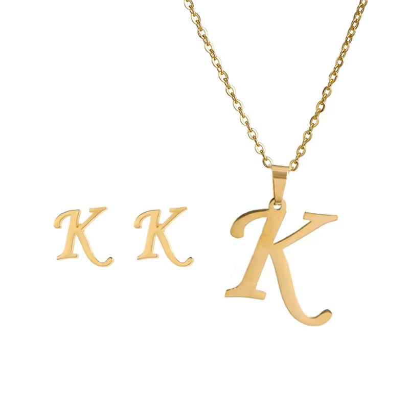 Fashion Stainless Steel A-Z Alphabet Initial Necklace 26 English Letter Earrings Necklace for Women Set Personalize Jewelry Gift