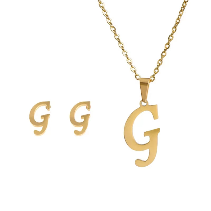 Fashion Stainless Steel A-Z Alphabet Initial Necklace 26 English Letter Earrings Necklace for Women Set Personalize Jewelry Gift