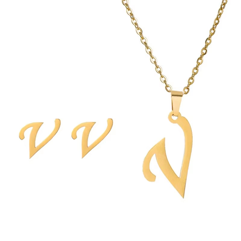 Fashion Stainless Steel A-Z Alphabet Initial Necklace 26 English Letter Earrings Necklace for Women Set Personalize Jewelry Gift