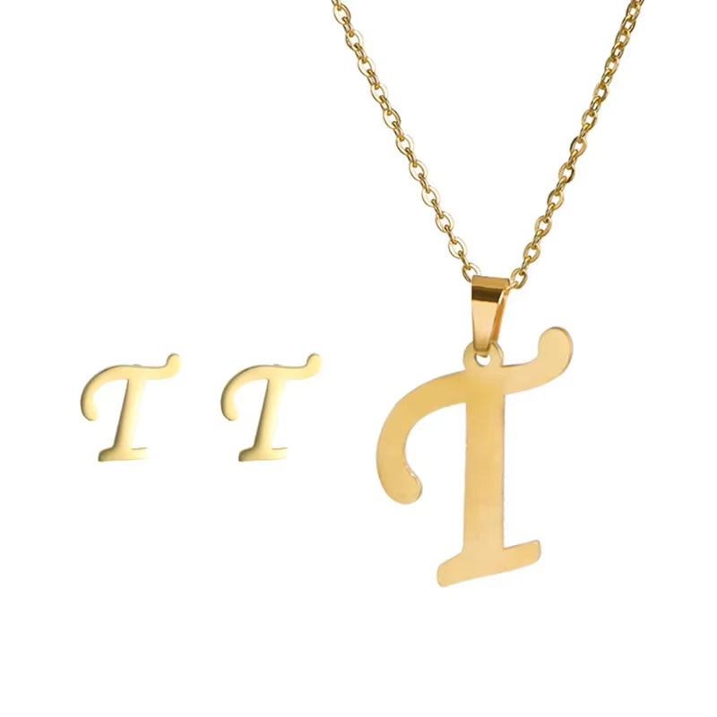 Fashion Stainless Steel A-Z Alphabet Initial Necklace 26 English Letter Earrings Necklace for Women Set Personalize Jewelry Gift