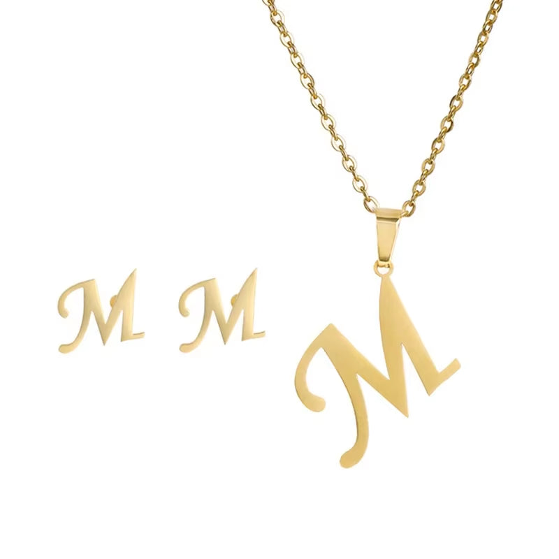 Fashion Stainless Steel A-Z Alphabet Initial Necklace 26 English Letter Earrings Necklace for Women Set Personalize Jewelry Gift