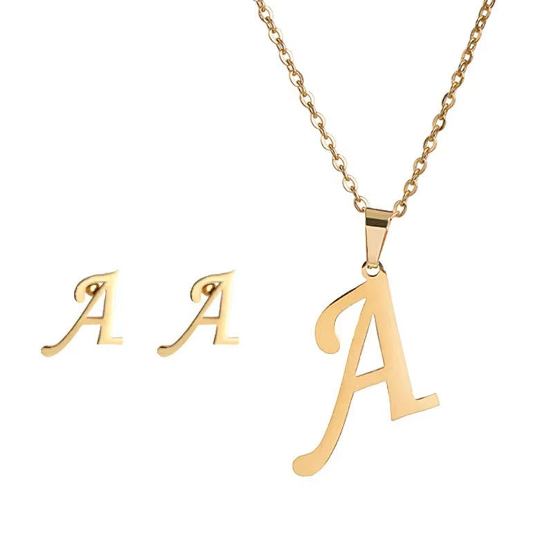 Fashion Stainless Steel A-Z Alphabet Initial Necklace 26 English Letter Earrings Necklace for Women Set Personalize Jewelry Gift