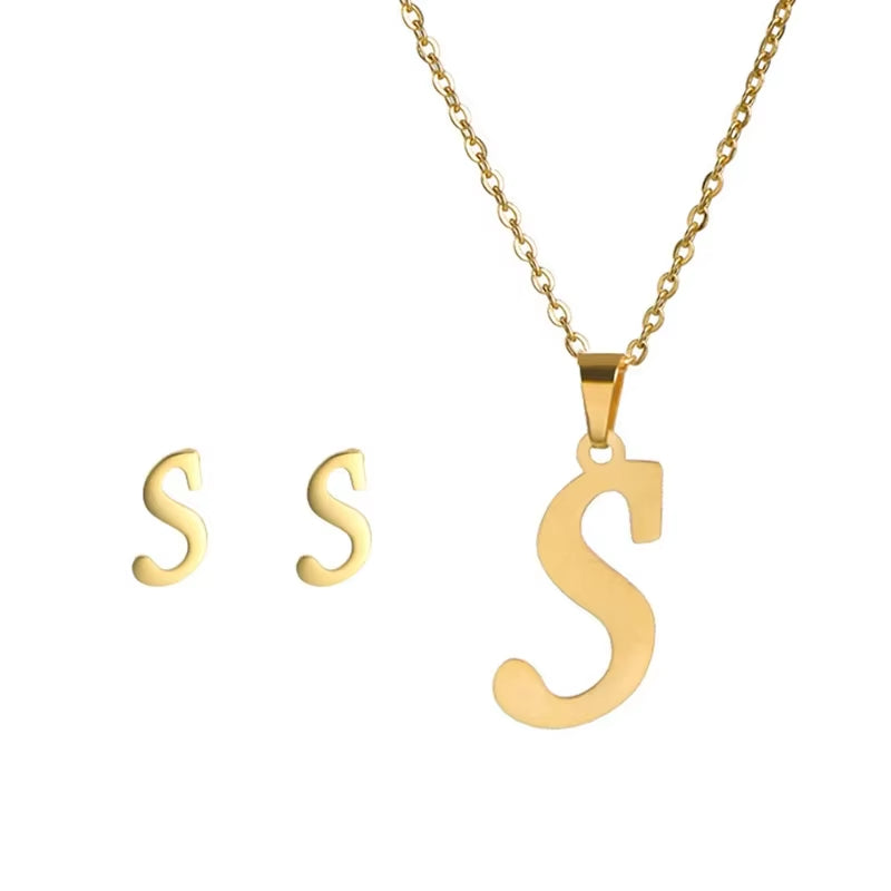 Fashion Stainless Steel A-Z Alphabet Initial Necklace 26 English Letter Earrings Necklace for Women Set Personalize Jewelry Gift