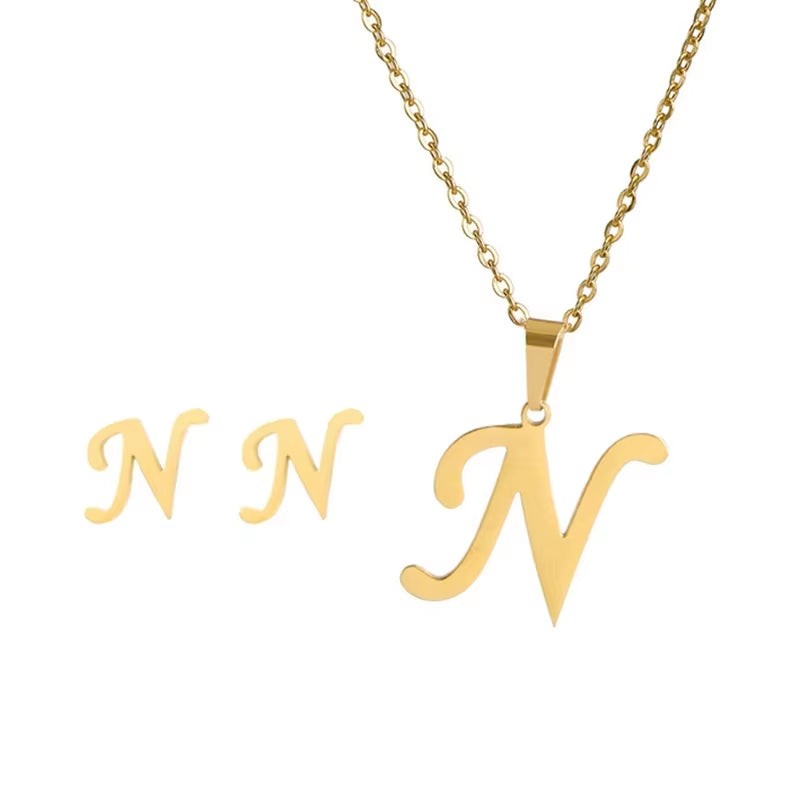 Fashion Stainless Steel A-Z Alphabet Initial Necklace 26 English Letter Earrings Necklace for Women Set Personalize Jewelry Gift