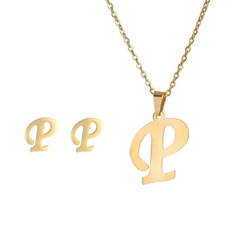 Fashion Stainless Steel A-Z Alphabet Initial Necklace 26 English Letter Earrings Necklace for Women Set Personalize Jewelry Gift