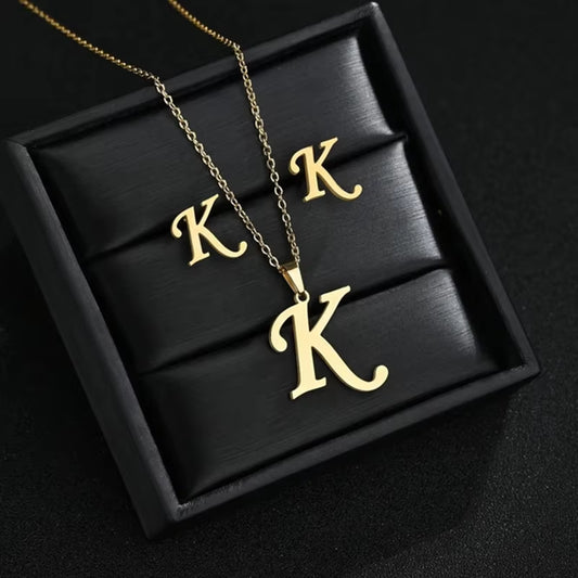 Fashion Stainless Steel A-Z Alphabet Initial Necklace 26 English Letter Earrings Necklace for Women Set Personalize Jewelry Gift