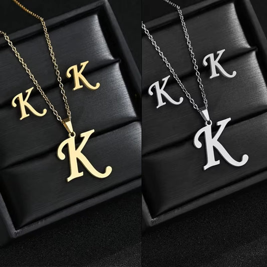 Fashion Stainless Steel A-Z Alphabet Initial Necklace 26 English Letter Earrings Necklace for Women Set Personalize Jewelry Gift