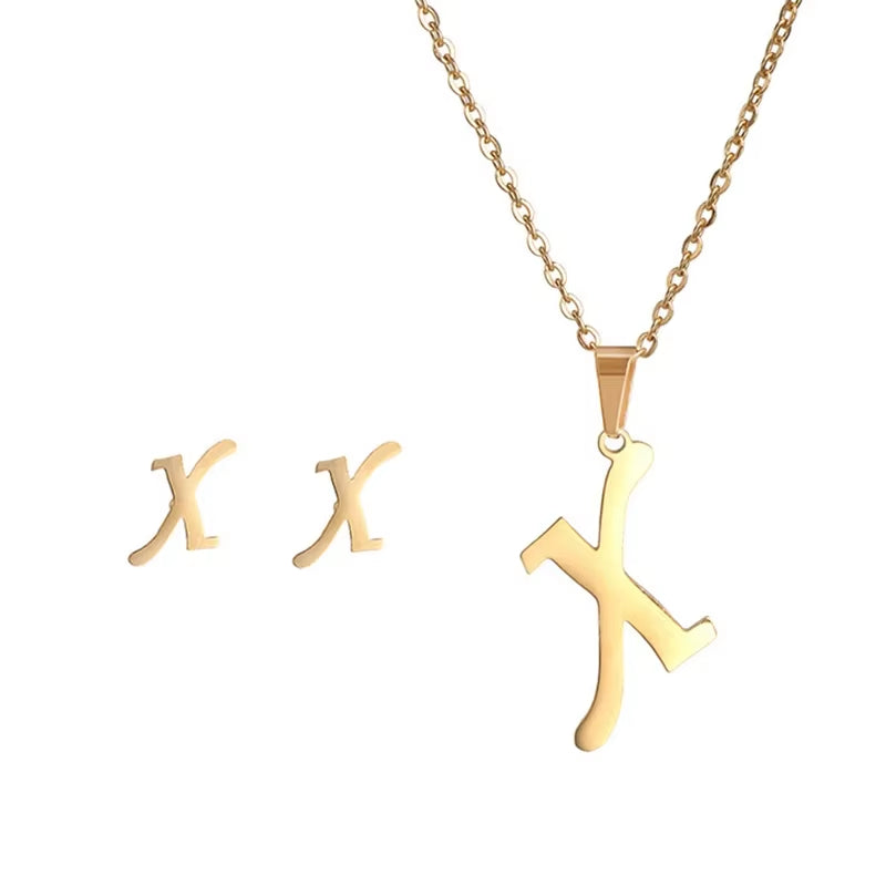 Fashion Stainless Steel A-Z Alphabet Initial Necklace 26 English Letter Earrings Necklace for Women Set Personalize Jewelry Gift